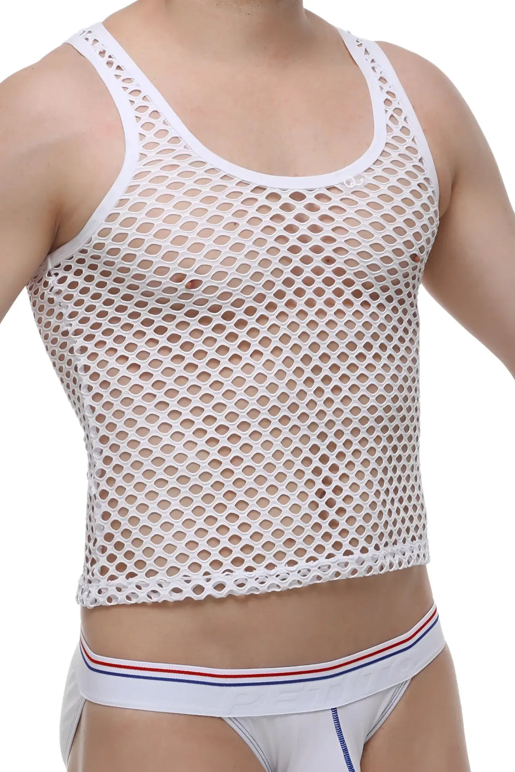 White mesh tank top with scoop neckline and adjustable straps from petitq in breathable fabric