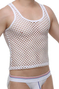 White mesh tank top with scoop neckline and adjustable straps from petitq in breathable fabric