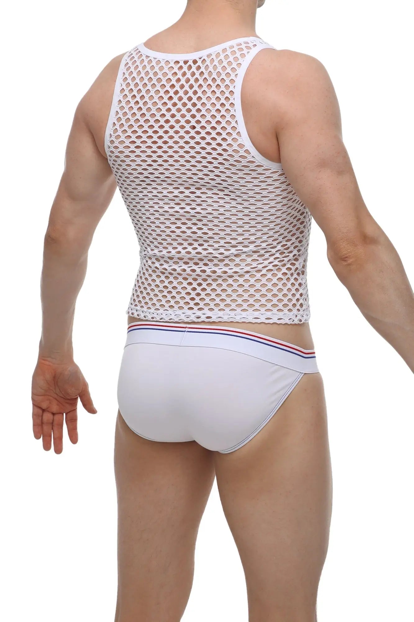 White mesh tank top petitq featuring a subtle pattern and trim details in breathable fabric for casual wear