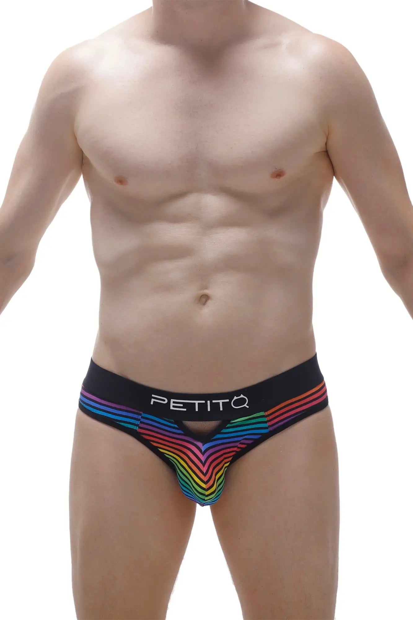 PetitQ thong Alouis Monti men’s briefs with vibrant rainbow stripes and petitq logo on black waistband