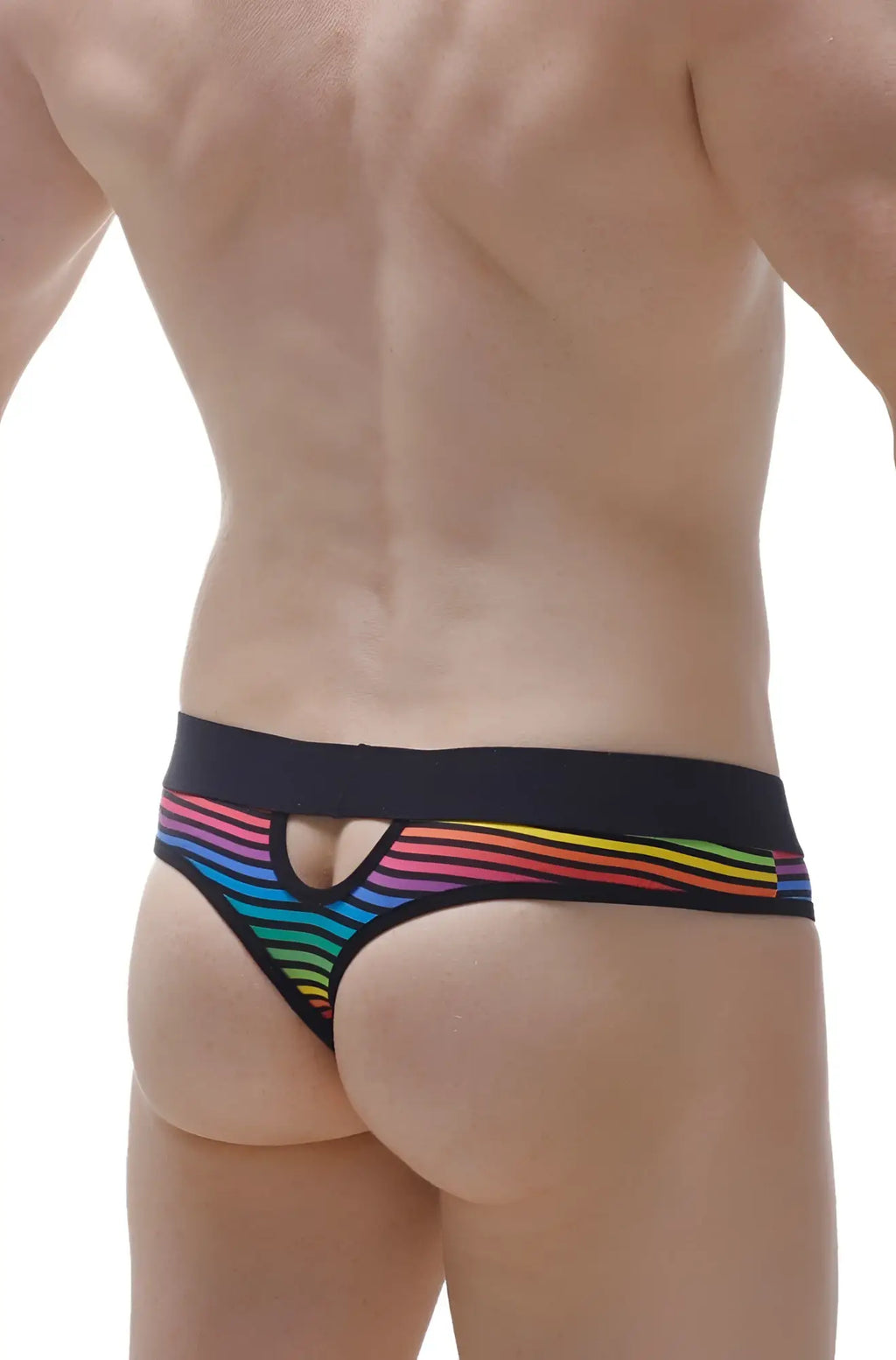 Petitq thong alouis monti rainbow-striped thong with black waistband and cutout detail showing the front side