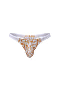 White and gold patterned thong with geometric design from petitq thong annoix carlot alloy collection
