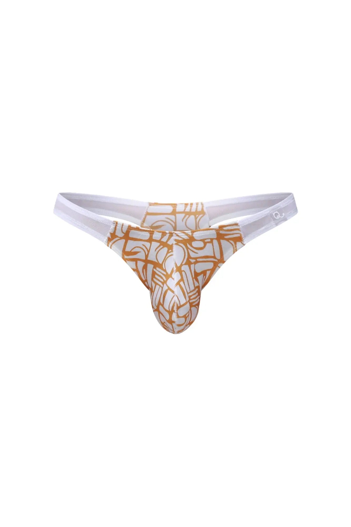 White and gold patterned thong with geometric design from petitq thong annoix carlot alloy collection