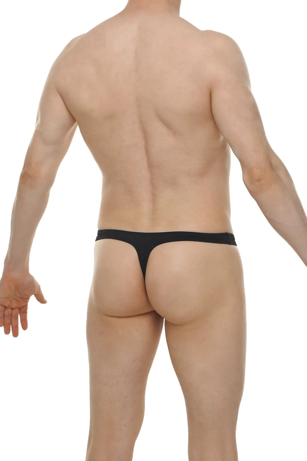 Black thong argis joe made of smooth stretchy fabric with a narrow waistband shown from the back side