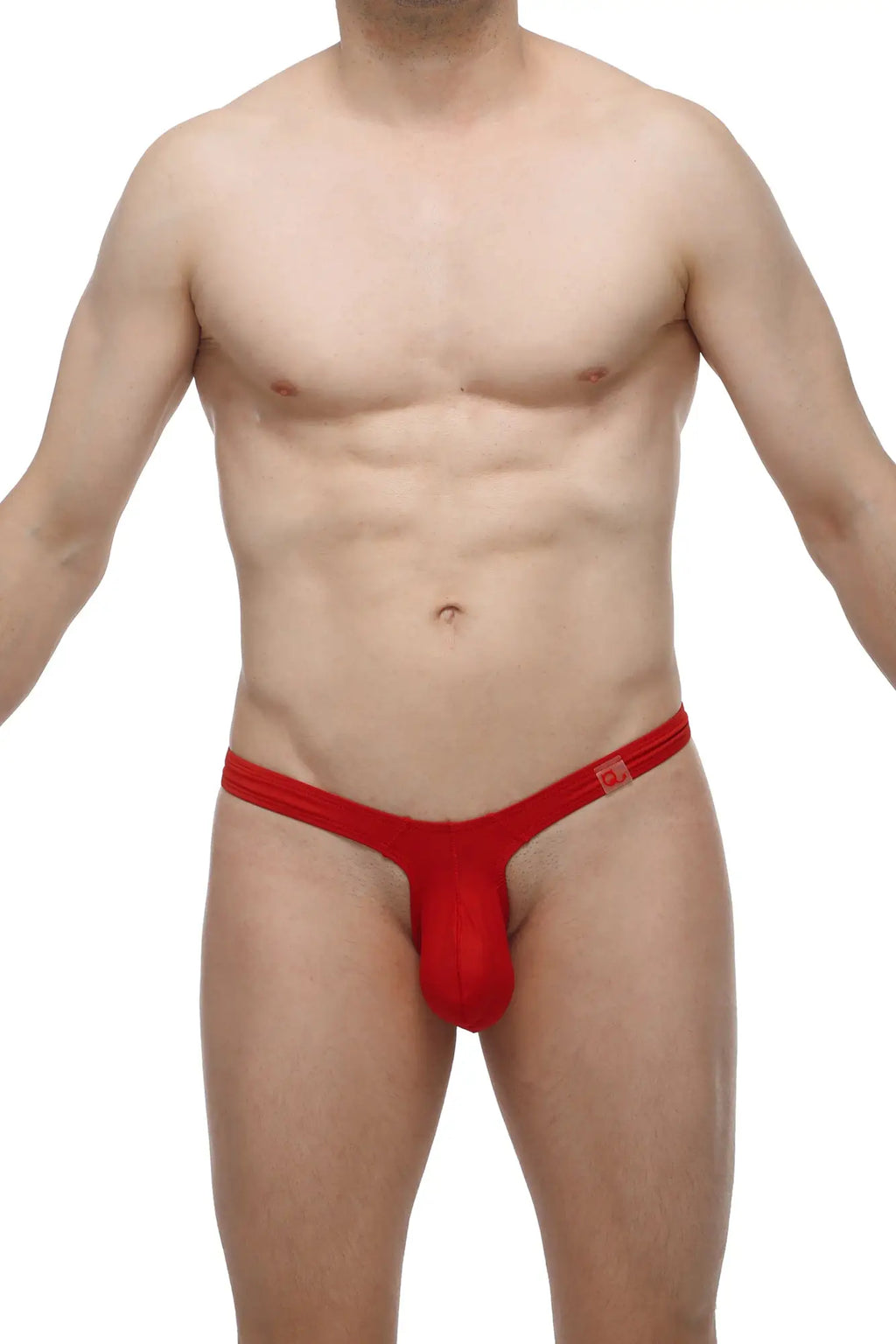 Red thong made of smooth stretchy fabric with small rectangular logo on waistband by petitq displayed from back