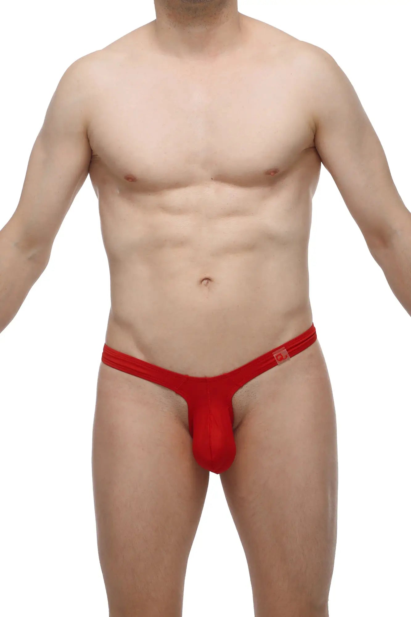 Red thong made of smooth stretchy fabric with small rectangular logo on waistband by petitq displayed from back