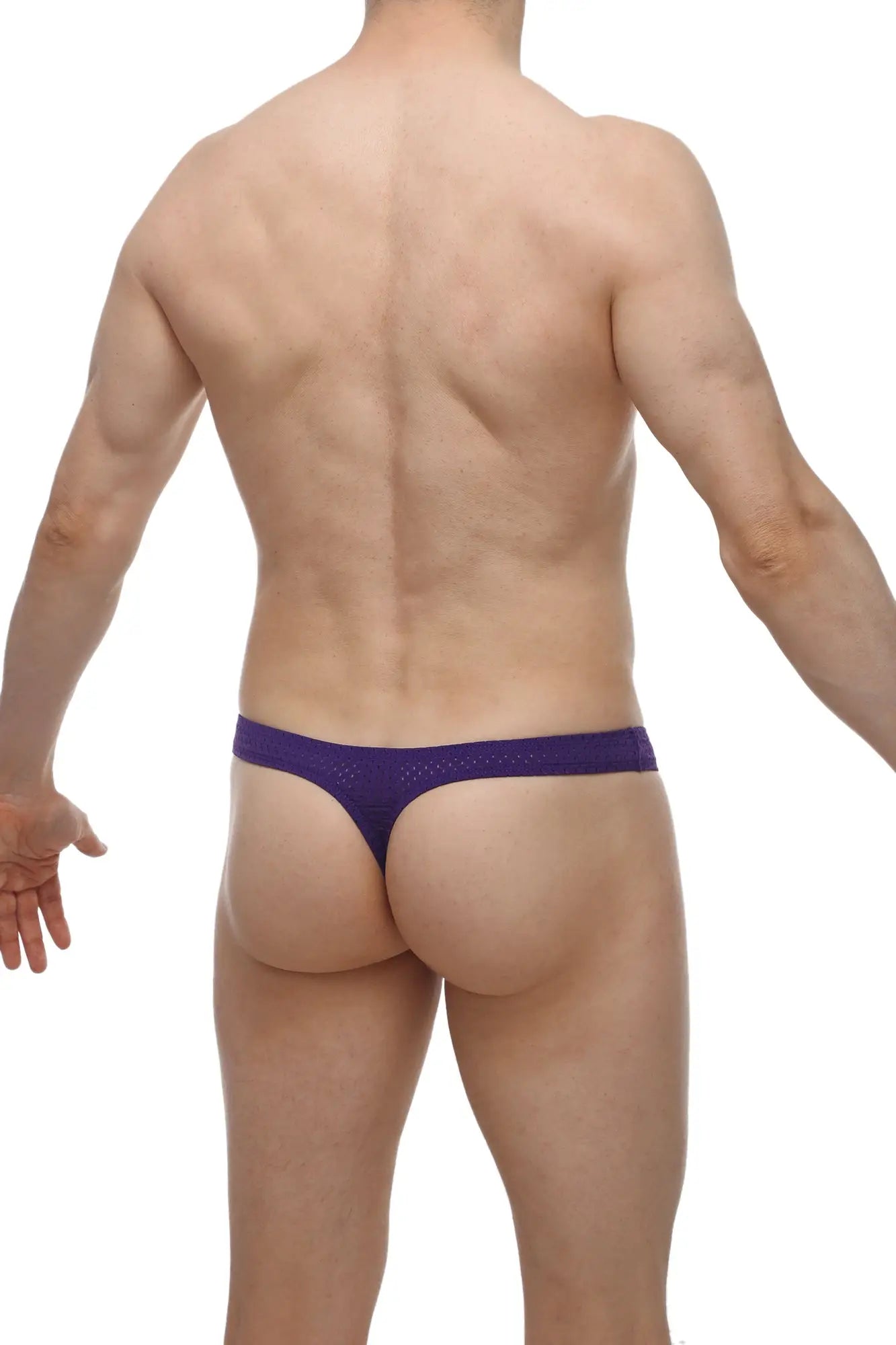 Purple petitq thong arkeuil bee with textured perforated design shown from the back side