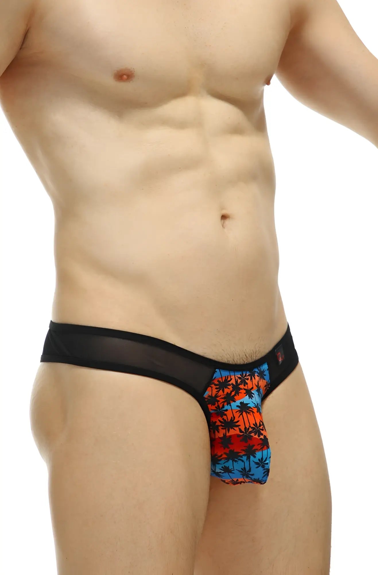 PetitQ thong bavent temae black mesh briefs with vibrant orange and blue palm tree pattern front view