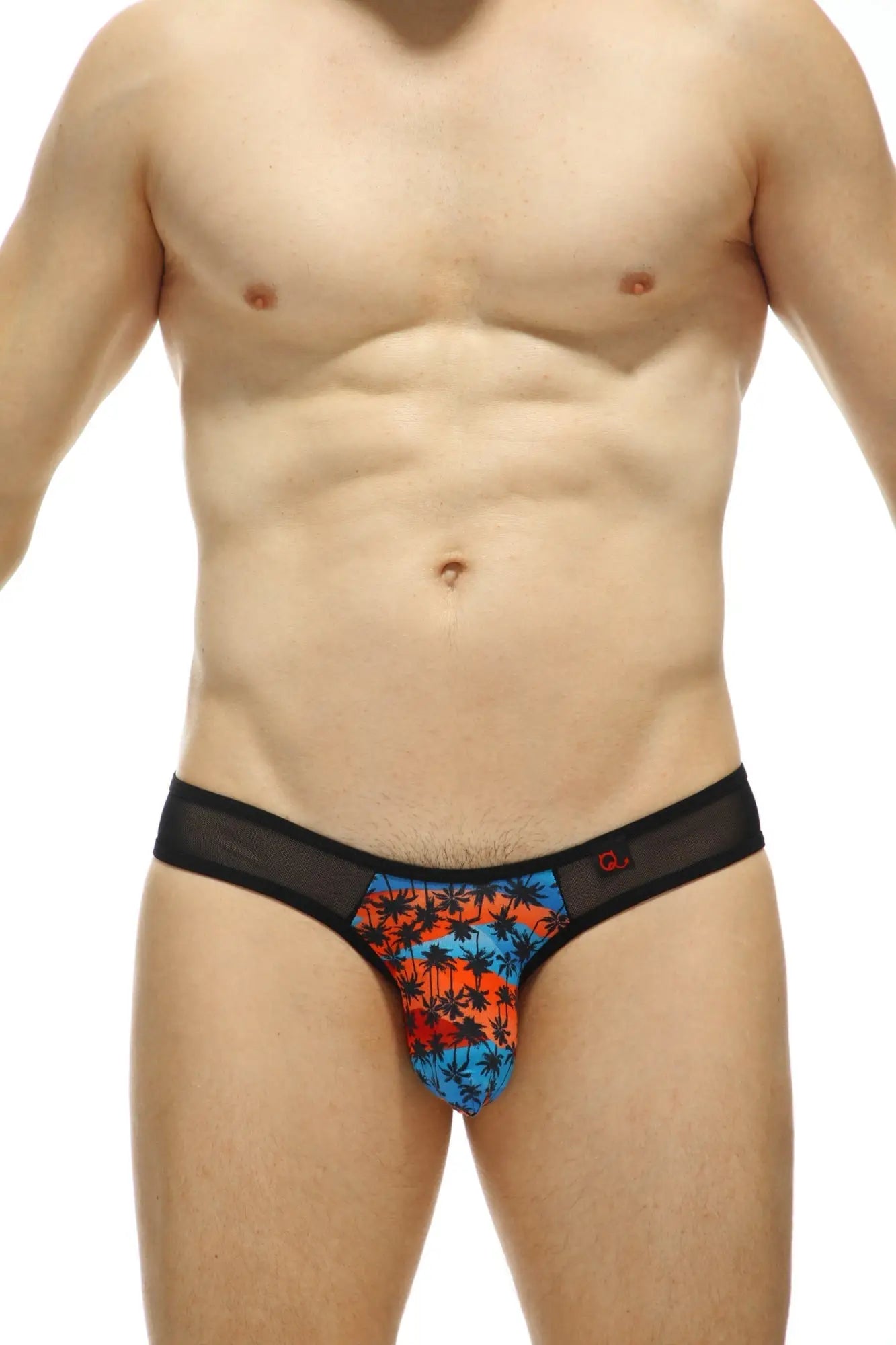 PetitQ thong bavent temae vibrant tropical palm tree patterned men’s briefs in orange and blue with black mesh waistband