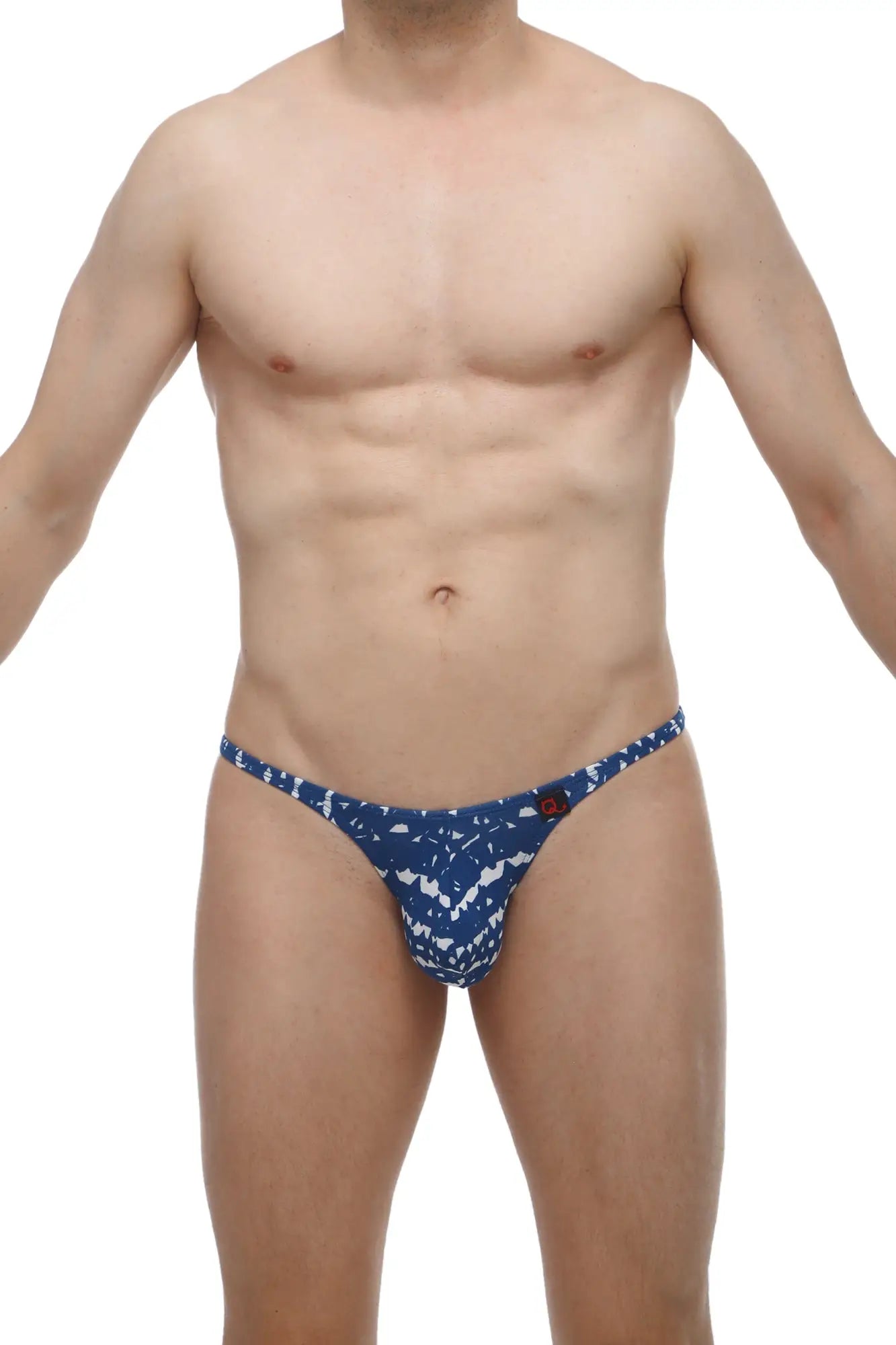 Petitq thong bram new denim men’s blue and white patterned thong with small red button detail on the side