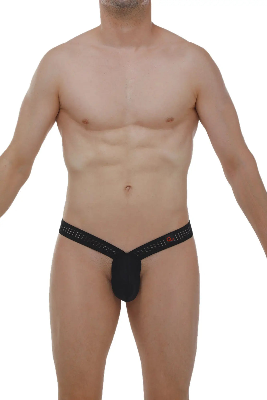 Black mesh briefs with a red logo waistband from petitq thong brech durtol black showing front view