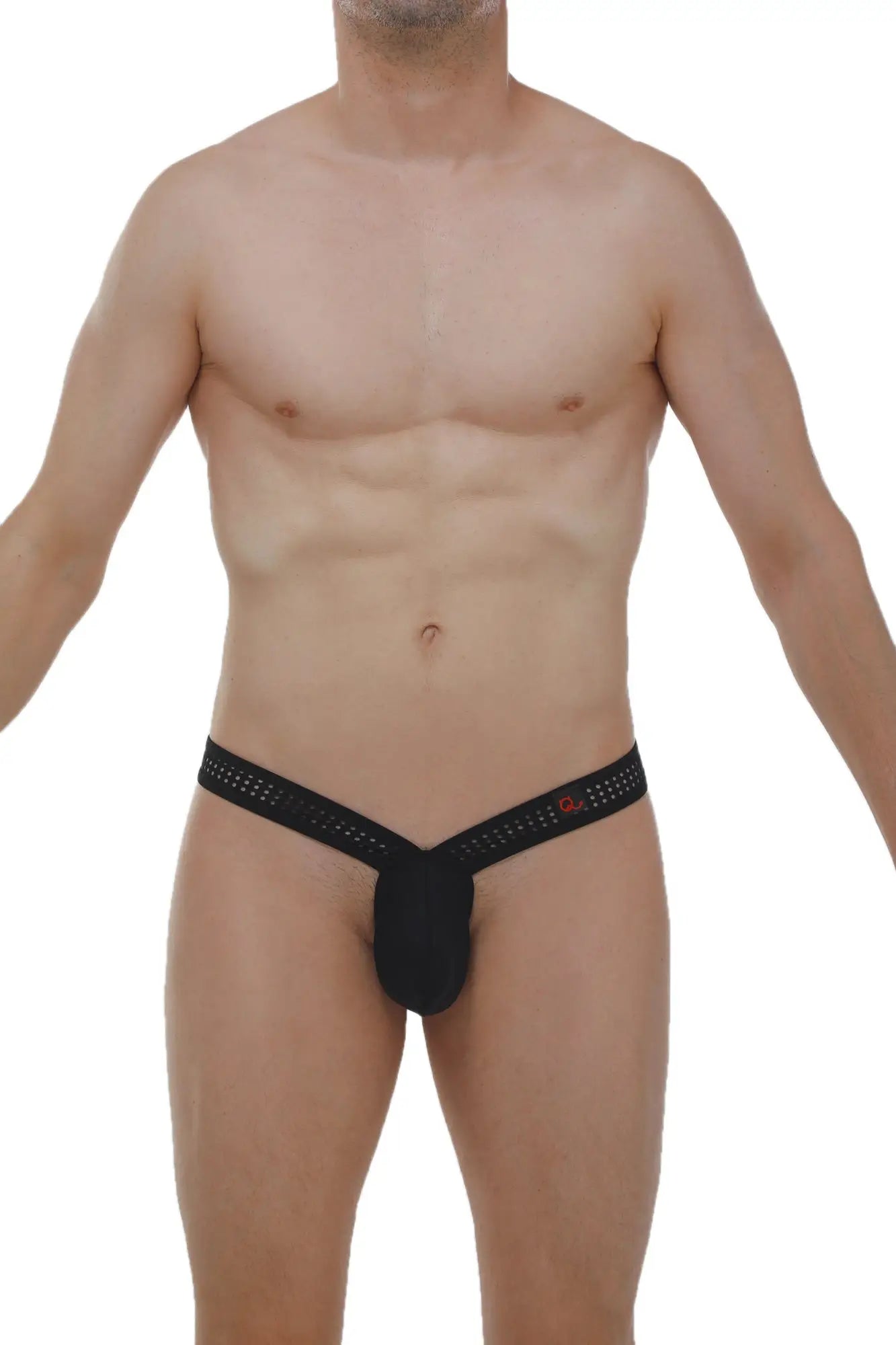 Black mesh briefs with a red logo waistband from petitq thong brech durtol black showing front view
