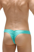 PetitQ thong bulan joe green ruched turquoise thong made of smooth fabric showing front side details