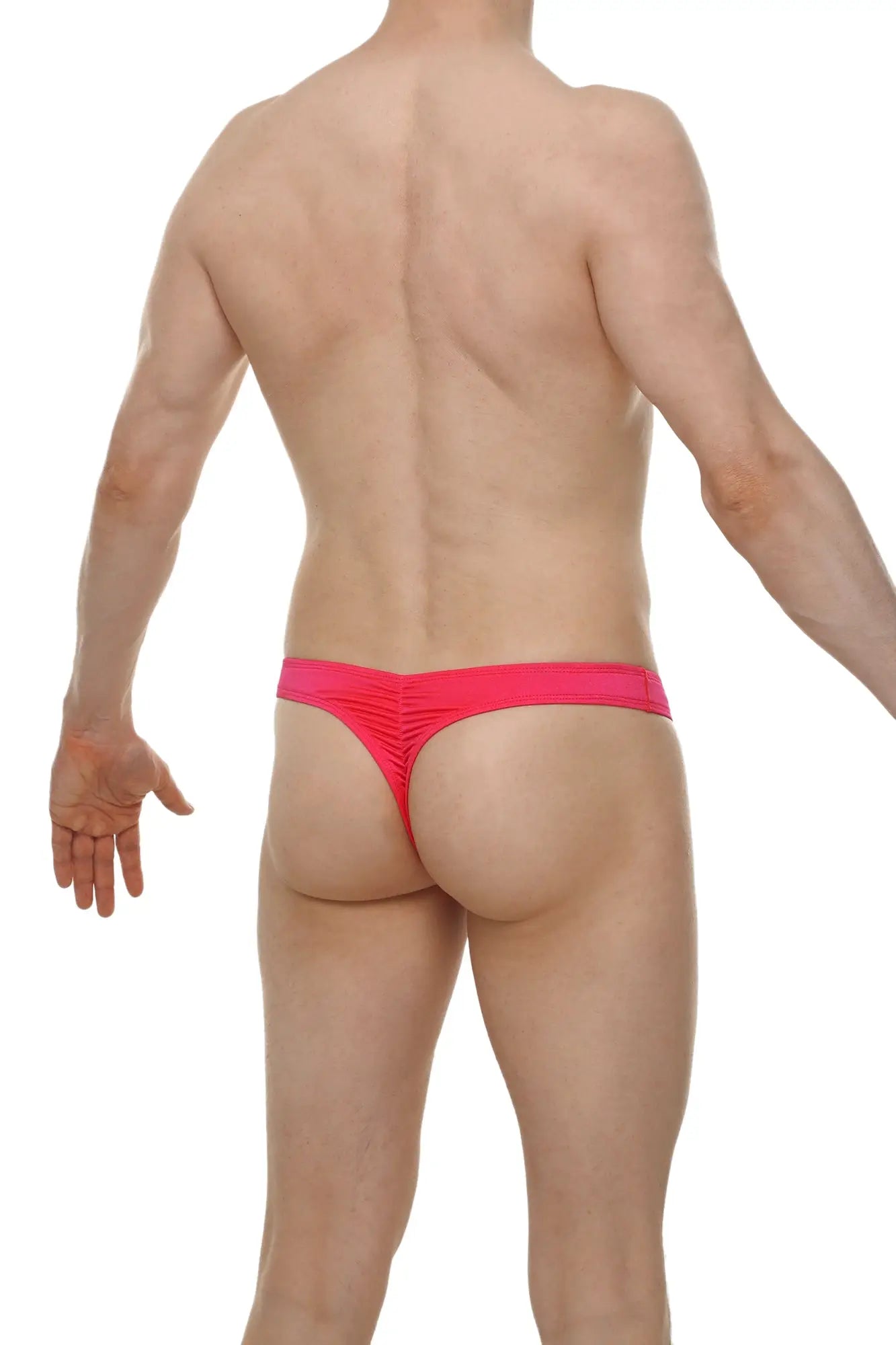 Bright pink thong bulan joe form-fitting and made of stretchy fabric shown from the back side