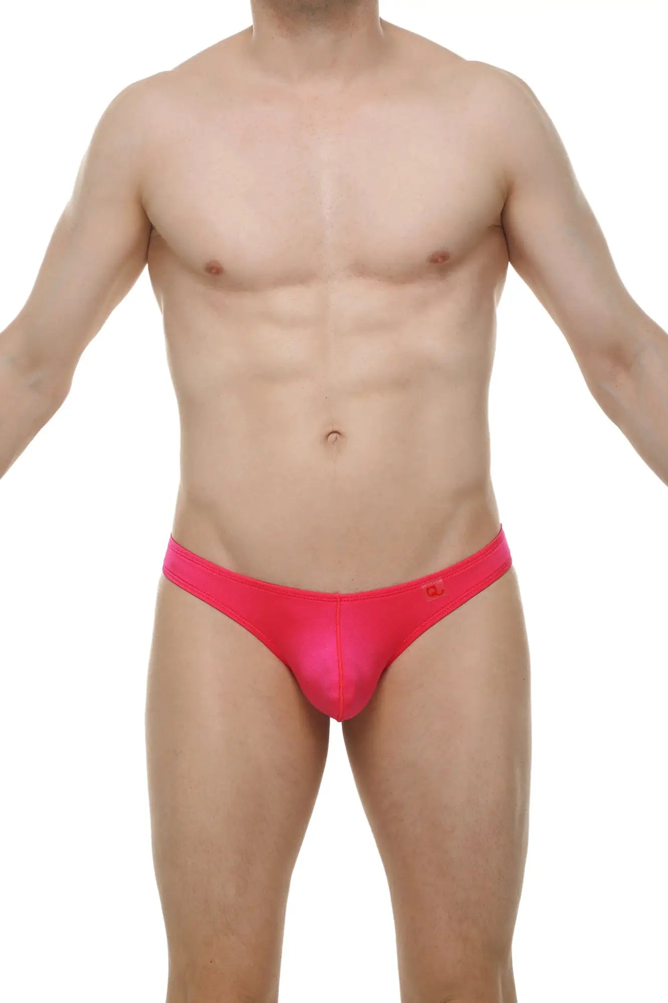 Bright pink thong bulan joe pink briefs with smooth glossy fabric and small logo on the waistband front side view