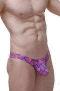 Petitq thong bulan tropical hearts vibrant pink and purple heart and leaf patterned thong front view