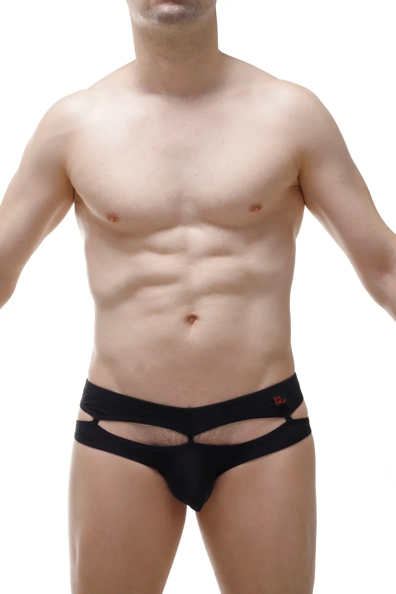 Petitq thong carlat black men’s briefs with a distinctive cutout design and small red logo on the waistband