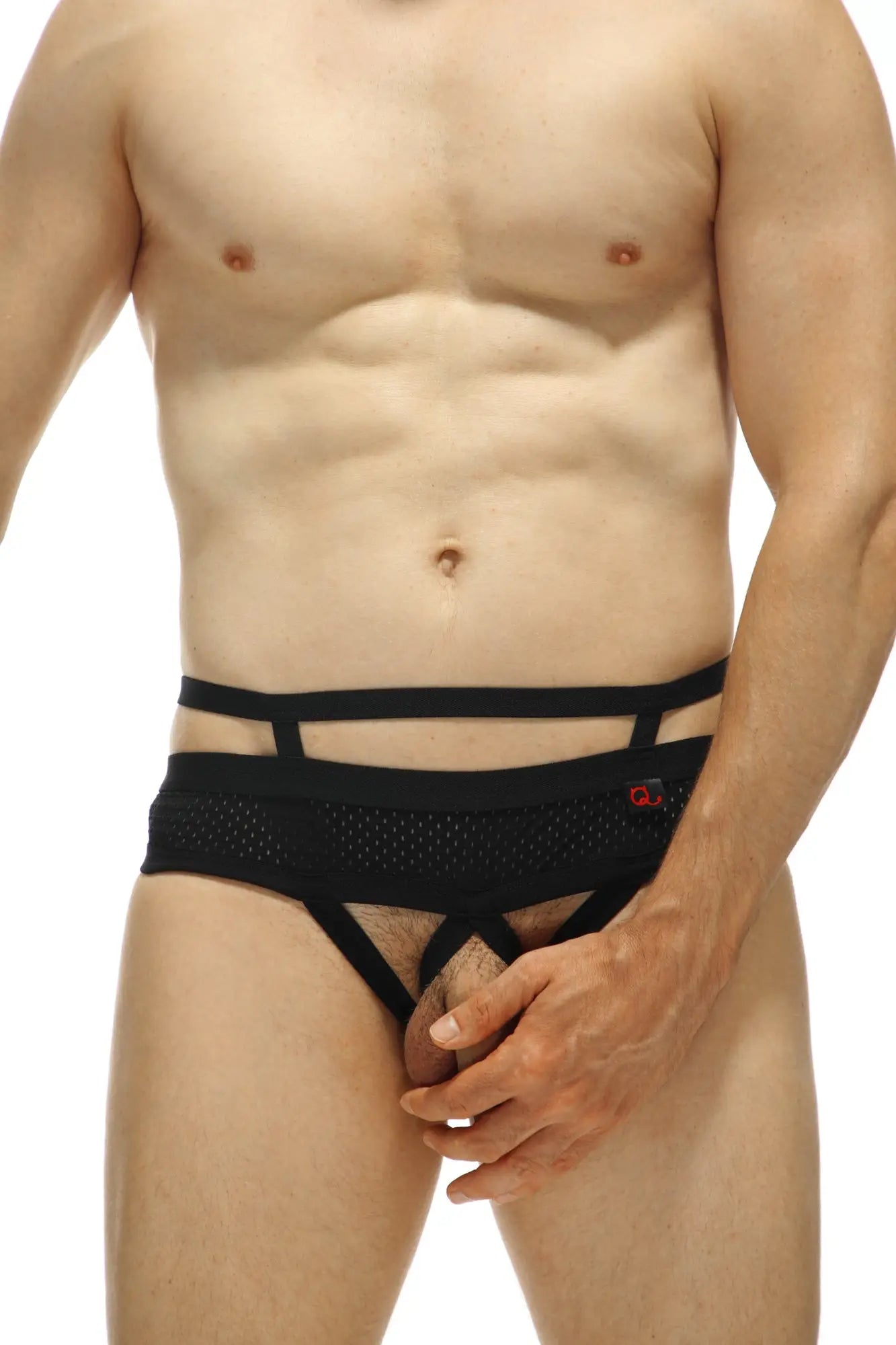 Black mesh and elasticated men’s briefs with cut-out design petitq thong celon bee black front view