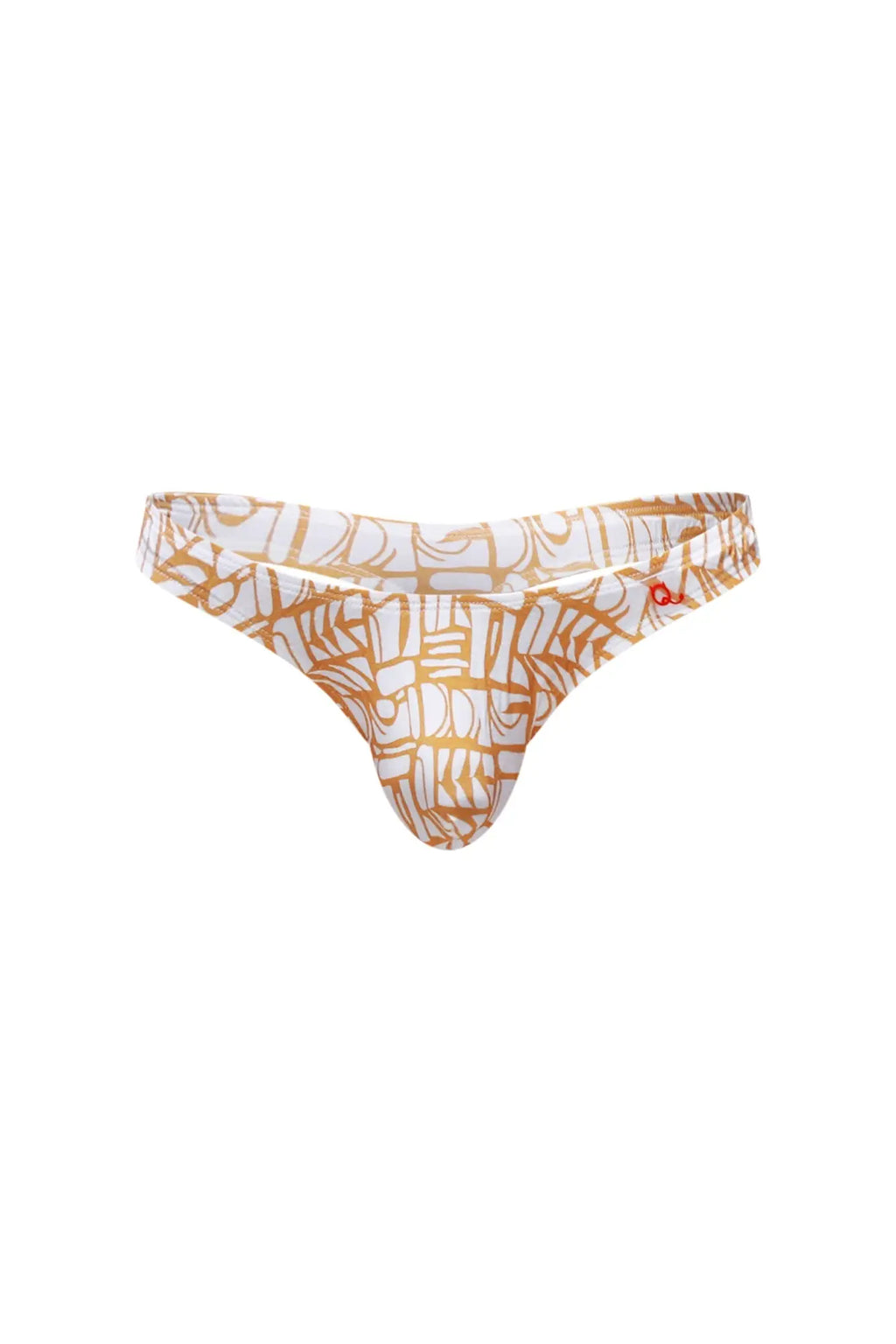 White and gold patterned thong with bold abstract geometric design from petitq thong chill carlot alloy collection