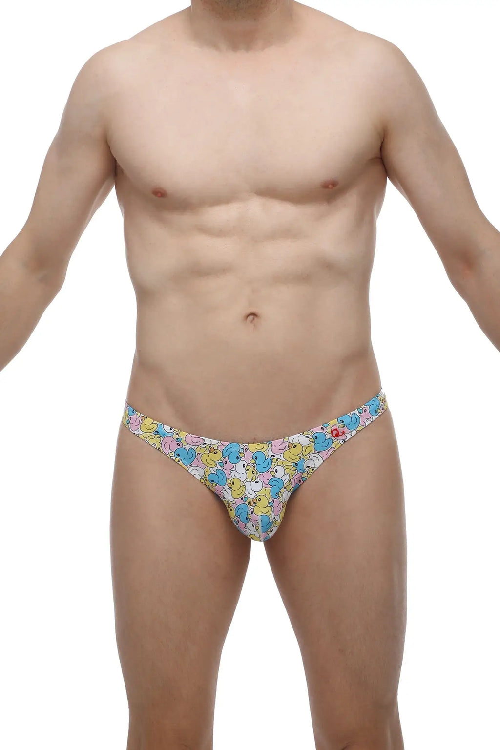 Colorful cartoon duck-patterned men’s thong in stretchy lightweight fabric by PetitQ shown from the back side