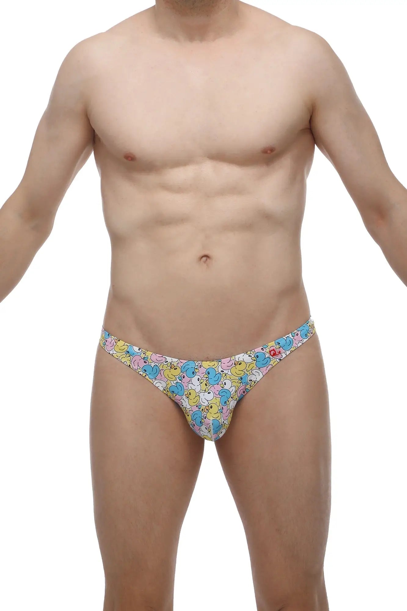 Colorful cartoon duck-patterned men’s thong in stretchy lightweight fabric by PetitQ shown from the back side