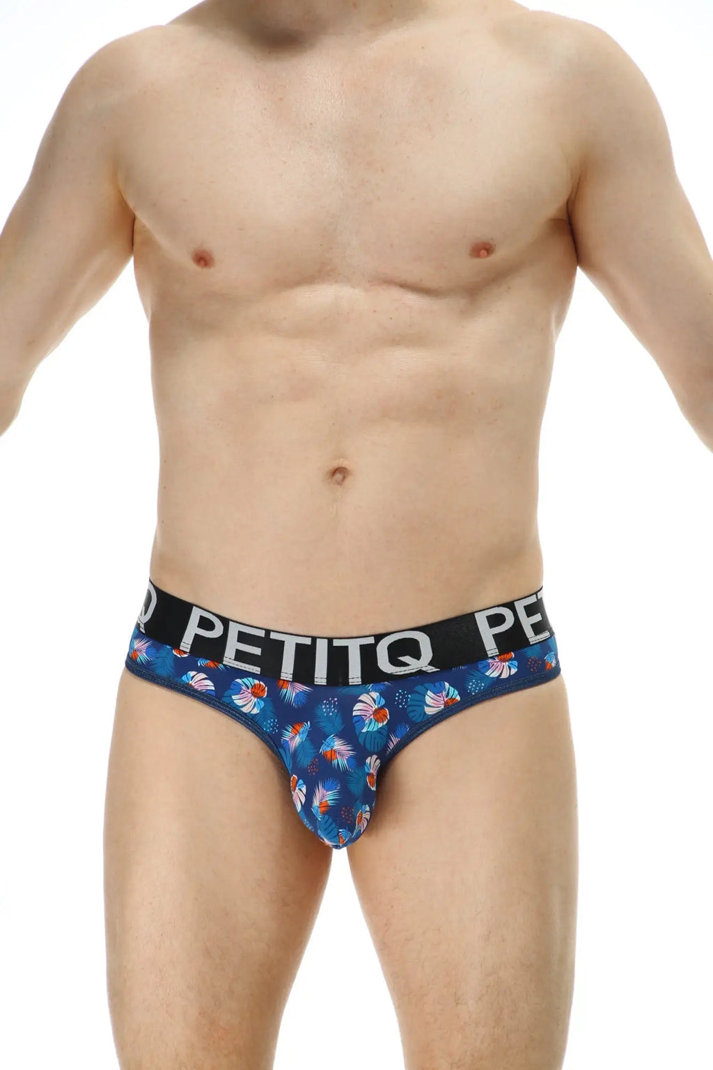 Blue floral patterned men’s briefs with black petitq waistband featured in petitq thong chill méditerranée arteou design