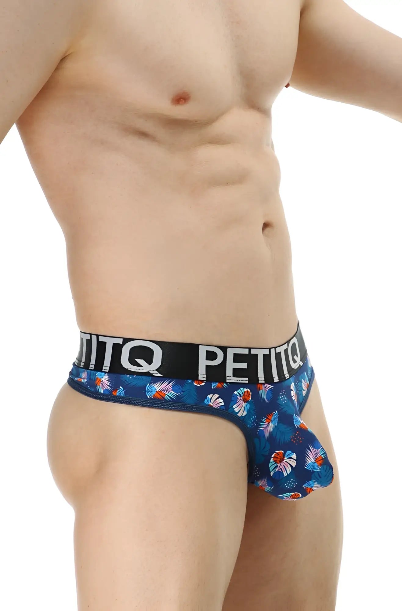 Petitq thong chill méditerranée arteou blue floral-patterned men’s briefs with black elastic waistband and white logo