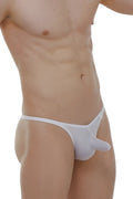 White men’s thong petitq thong chirols blanc with molded elongated design in white fabric showing front view