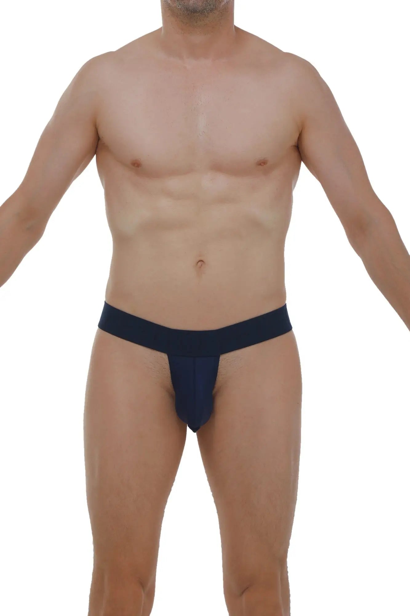 Navy blue petitq thong coren plum briefs with wide waistband and contoured design visible from the back side