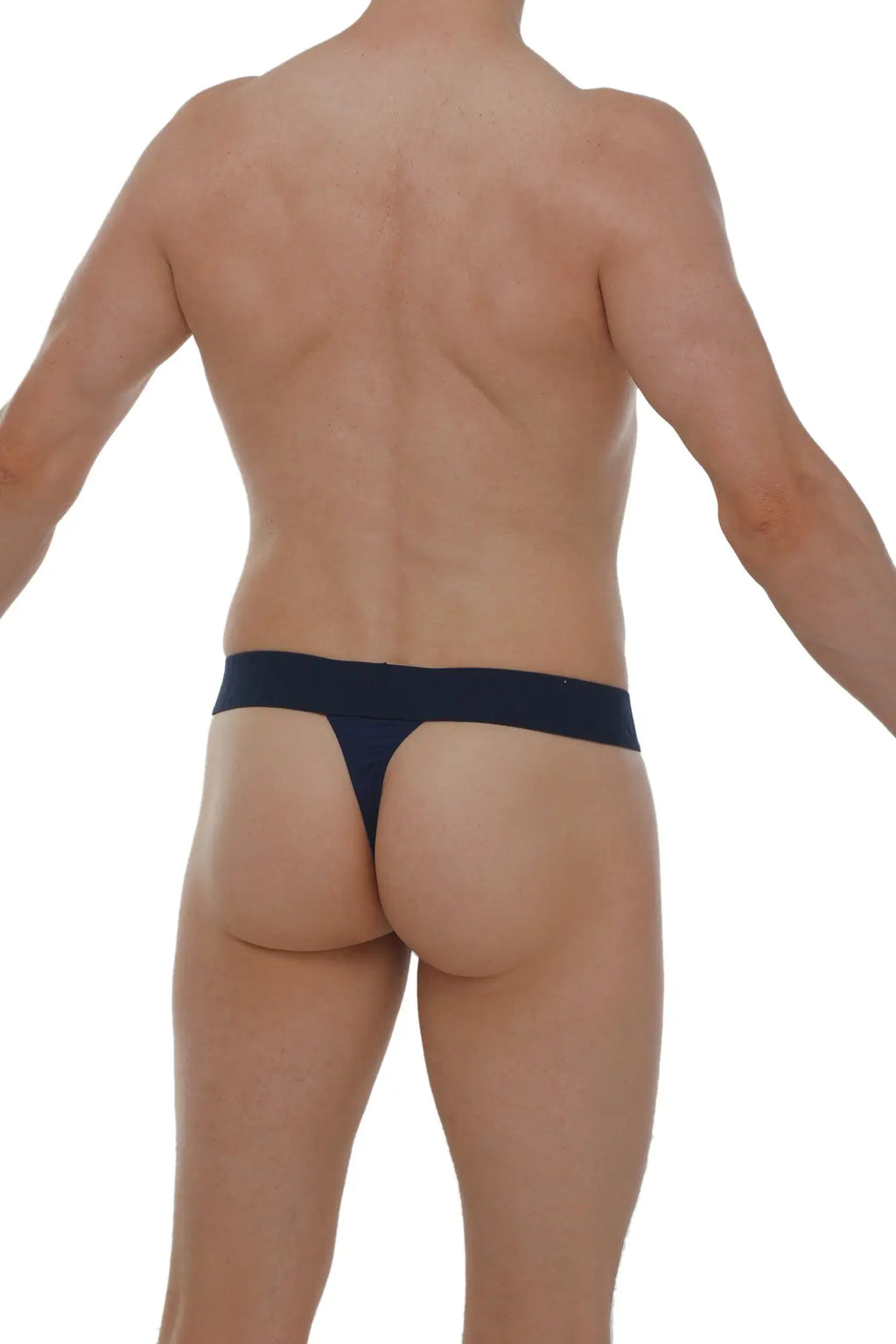 PetitQ thong in navy made of smooth, stretchable fabric with a narrow waistband and minimal coverage shown from back side