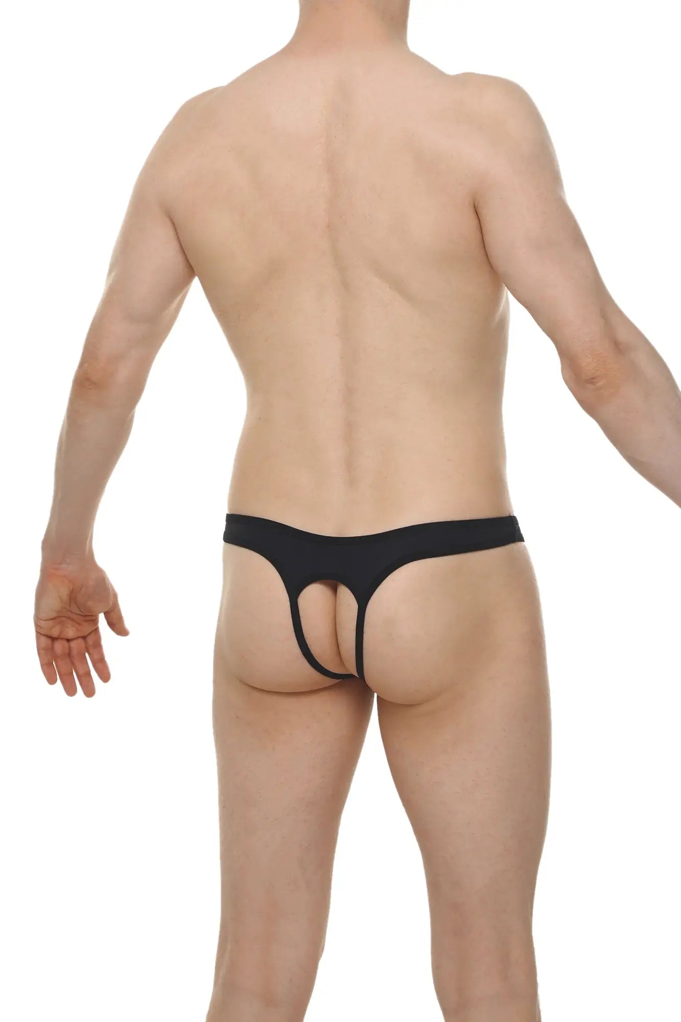 Black thong cuens plum black with narrow waistband and central cutout shown from the back side