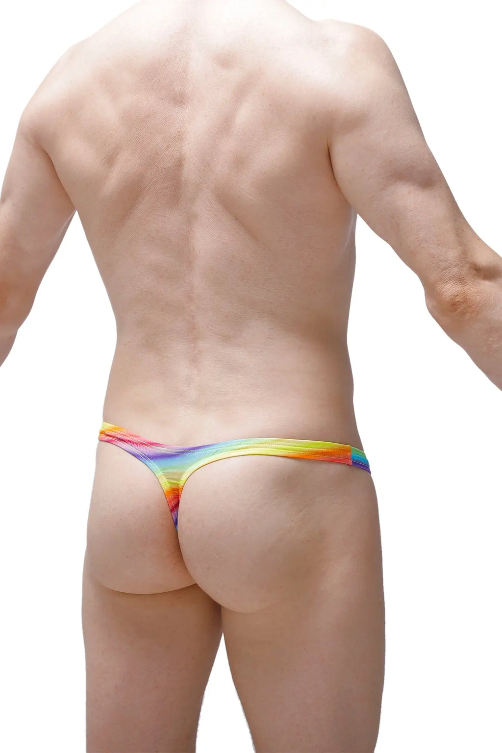 Petitq thong dome andiol rainbow-colored stretchy fabric thong with vibrant gradient design showing the back side