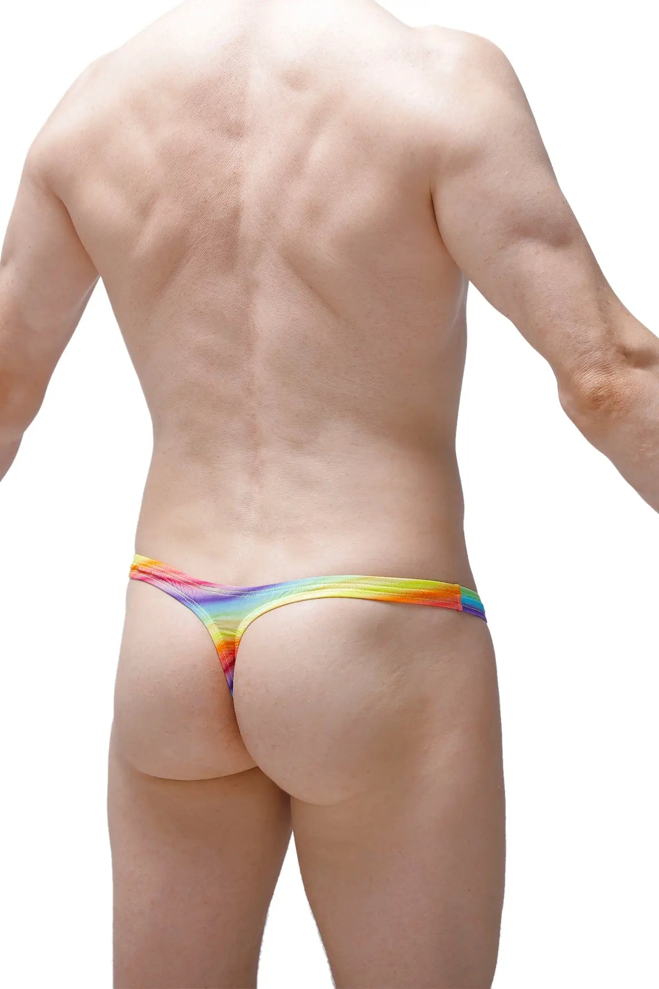 Petitq thong dome andiol rainbow-colored stretchy fabric thong with vibrant gradient design showing the back side