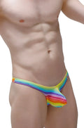 Petitq thong dome andiol rainbow-striped men’s thong with glossy stretchy fabric finish shown from the back