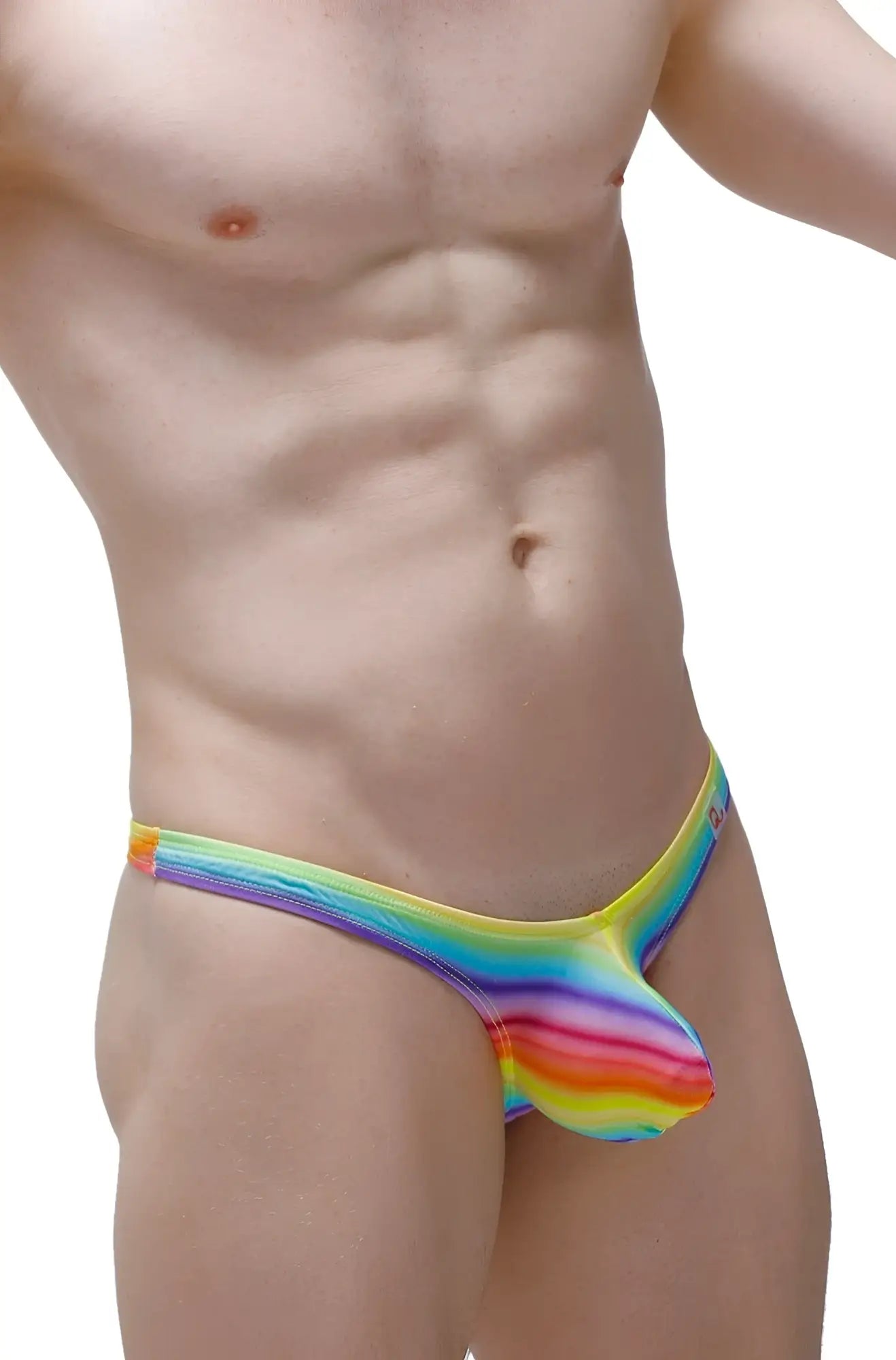 Petitq thong dome andiol rainbow-striped men’s thong with glossy stretchy fabric finish shown from the back