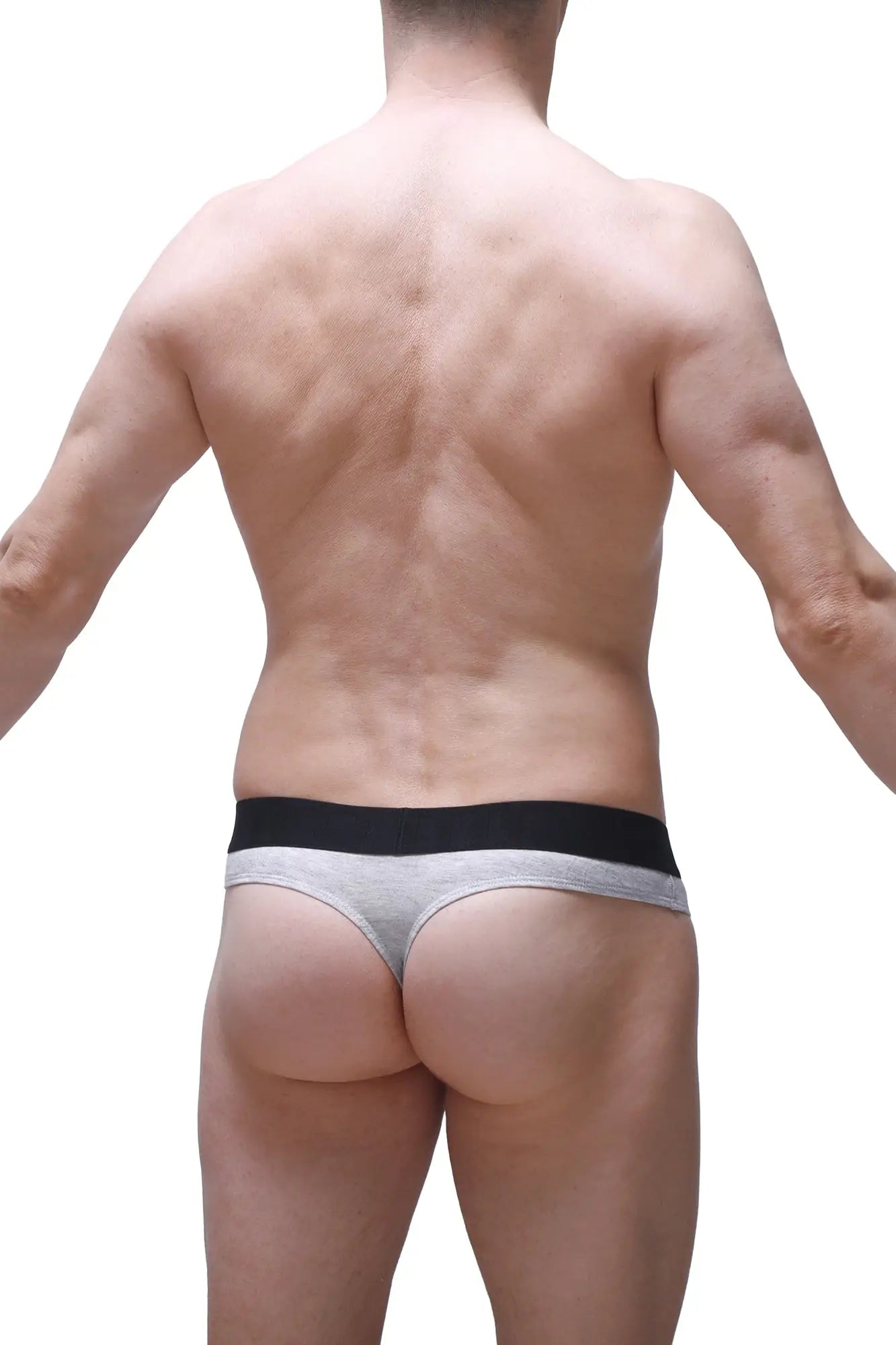 Gray thong underwear with black elastic waistband made from modal fabric petitq thong dome modal grey front view