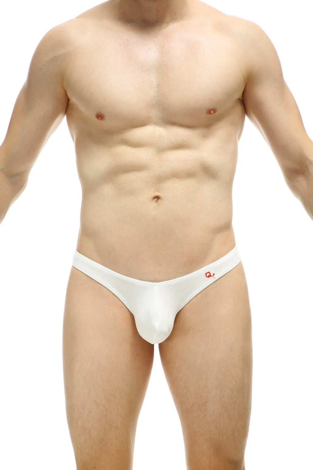White men’s thong dome organic bamboo white with a small red logo on the waistband front view