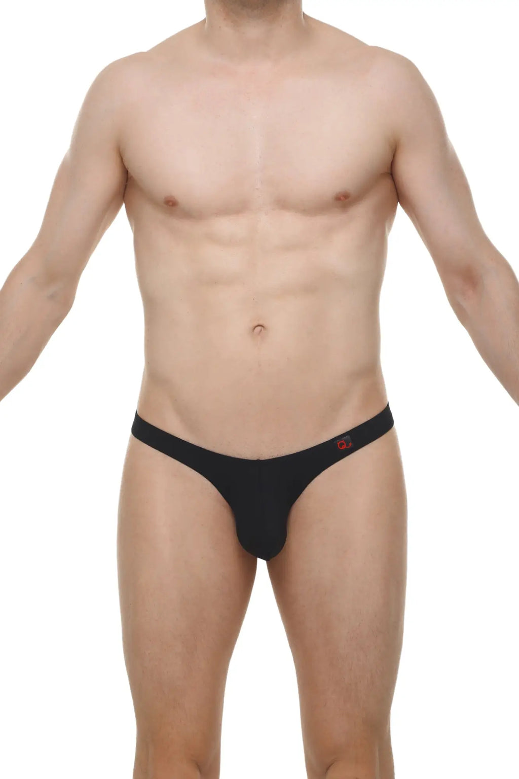 Black thong with small red logo on the waistband showing the back side for comfortable everyday wear