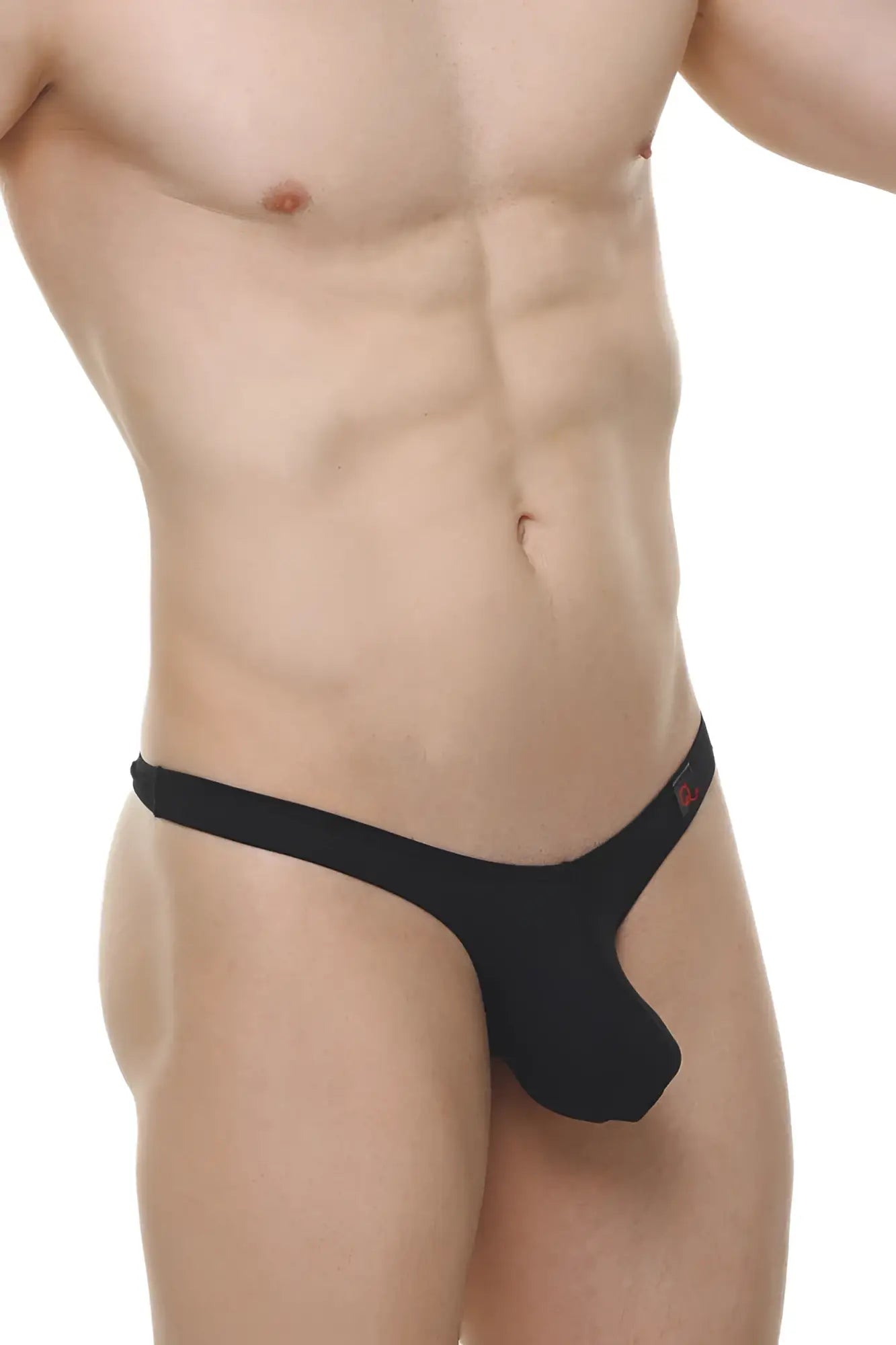 Black form-fitting thong dome skine thong with a small red logo on the waistband shown from the back side