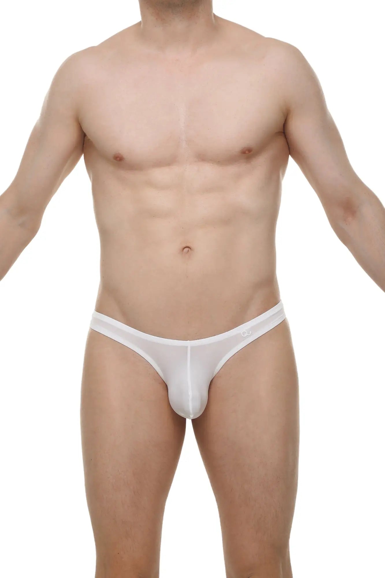 White men’s thong dome skine white made of smooth stretchy fabric with subtle logo on waistband front view