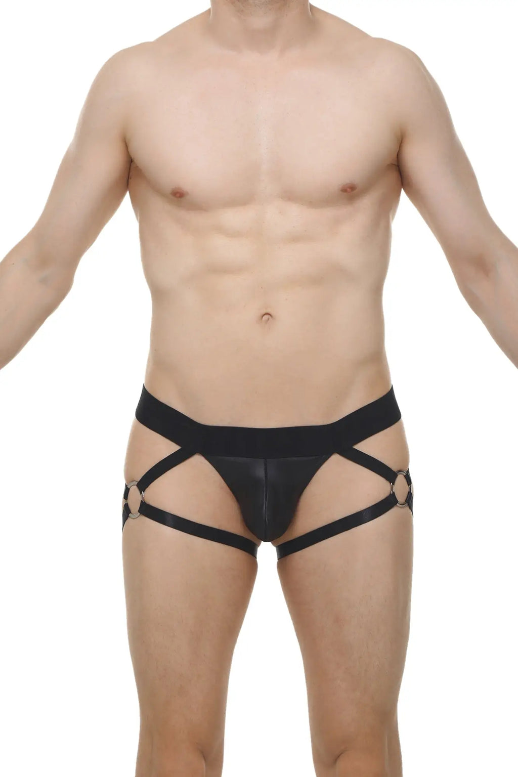 Black leather-like strappy harness briefs with metallic rings at leg openings from thong fleac black collection