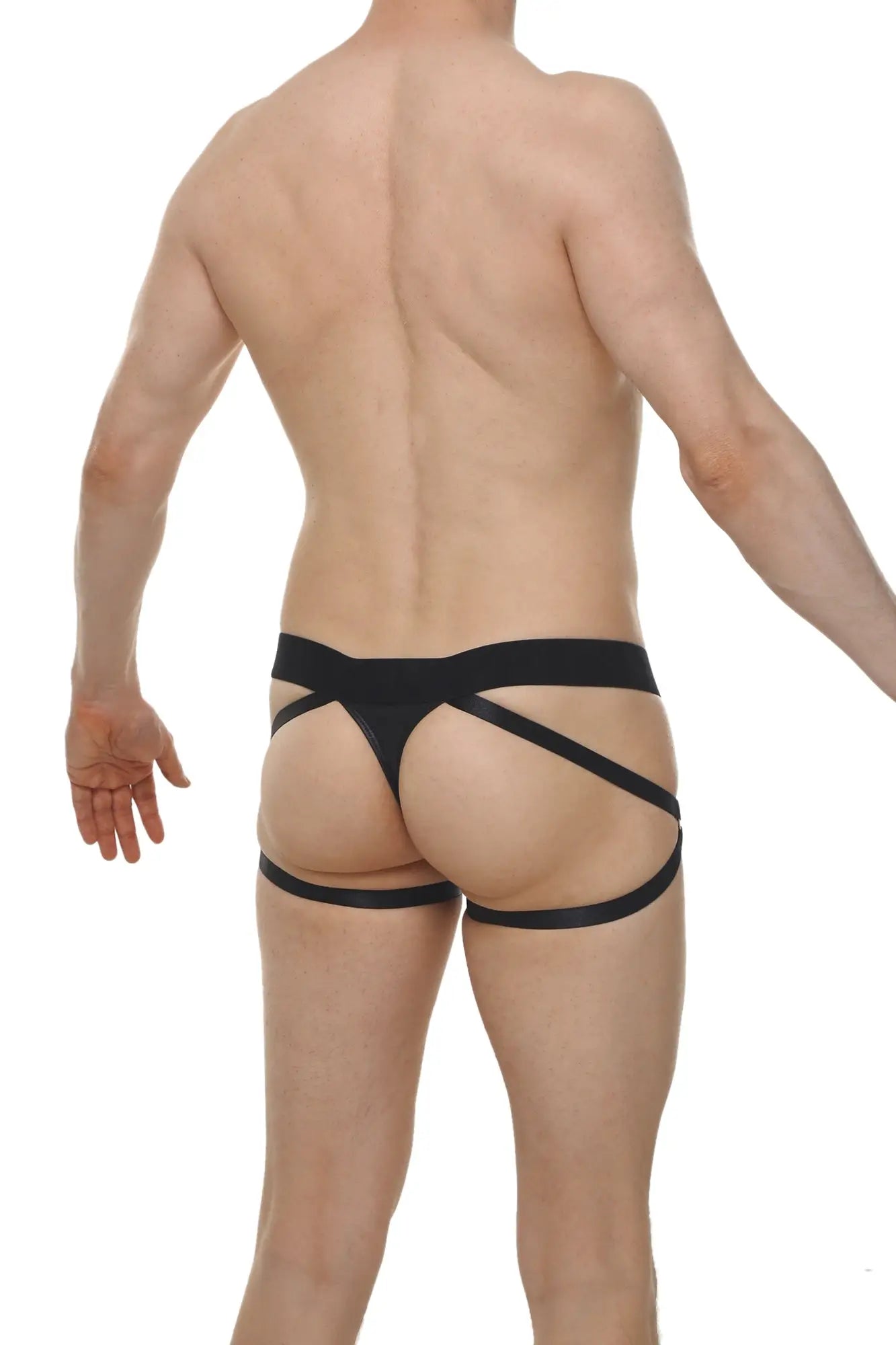 Black sleek minimalist strappy briefs with modern design front view in thong fleac black product style
