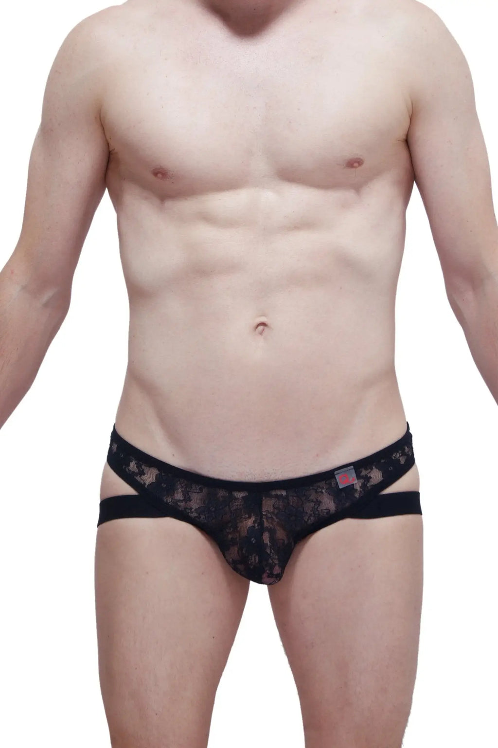 Black lace thong jockstrap by petitq with sheer patterned design and solid black waistband shown from the back