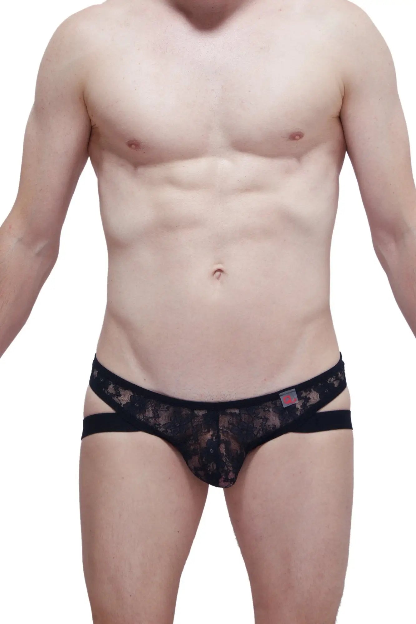 Black lace thong jockstrap by petitq with sheer patterned design and solid black waistband shown from the back