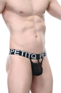 Black lace thong with wide elastic waistband featuring petitq brand name in white lettering from petitq thong lace fismes