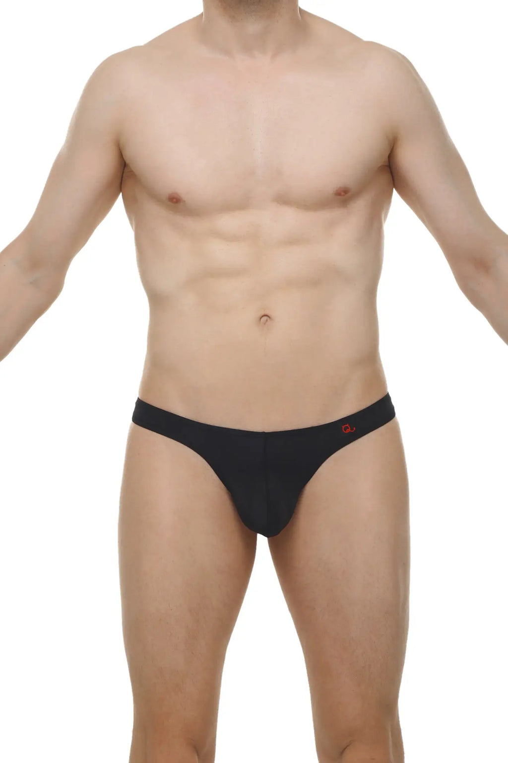 Black men’s briefs with a subtle red logo on the waistband from the thong lasso cockring plum black collection