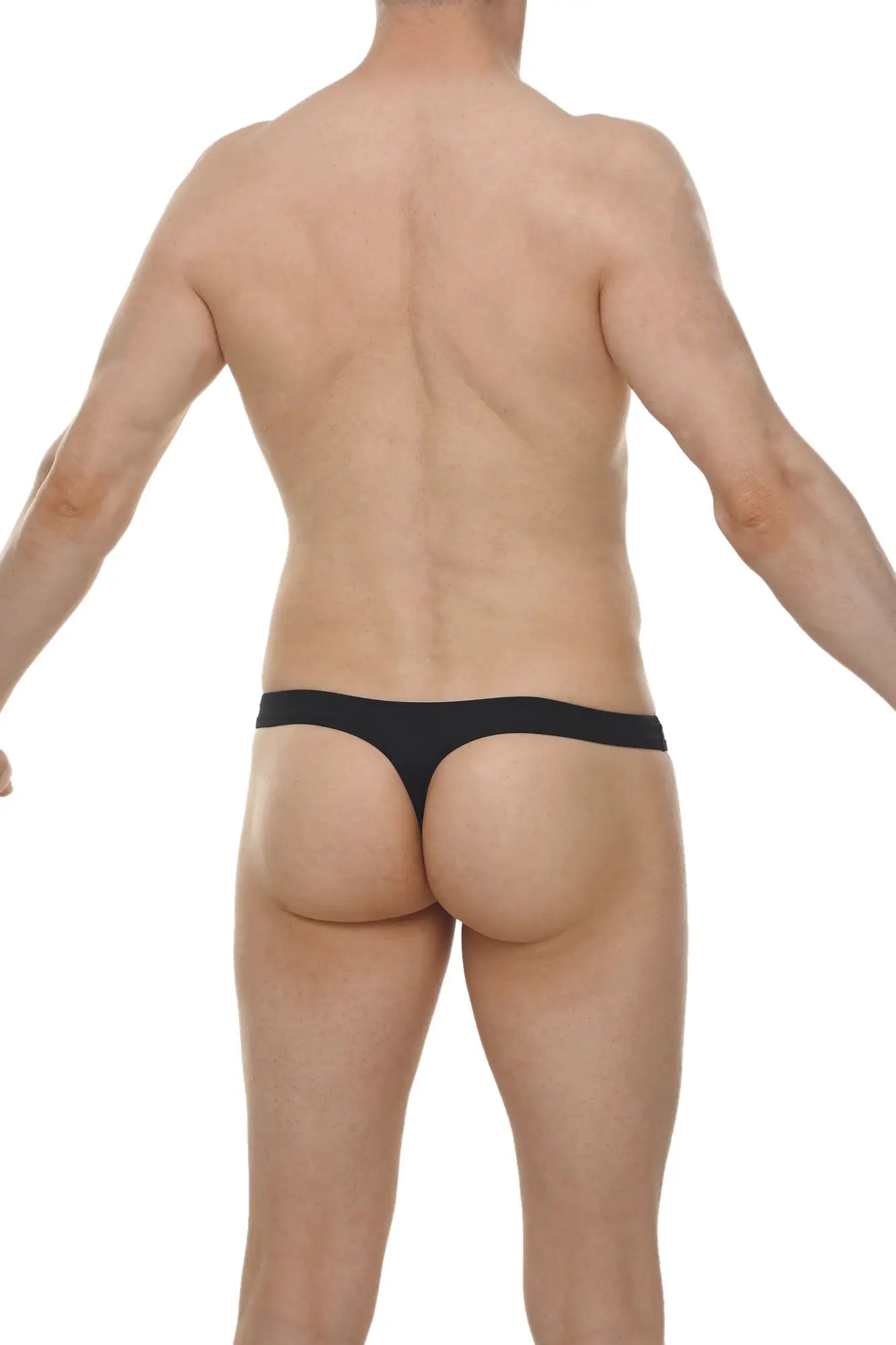 Black thong underwear with smooth seamless fabric shown from the back in the thong lasso cockring plum black product
