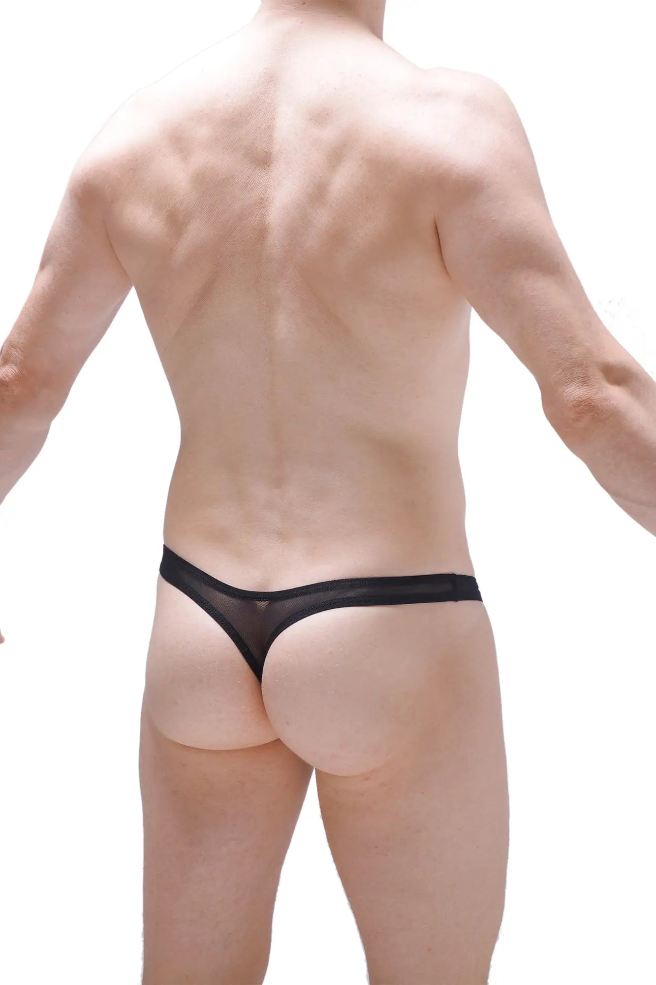 Black sheer mesh thong lasso cockring with solid black waistband and detachable net front view