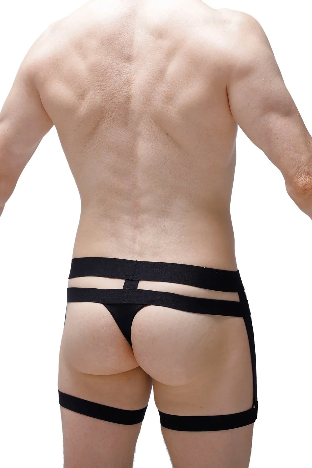 Black PetitQ thong Maizey briefs with multiple harness-style straps for a bold, modern lingerie look