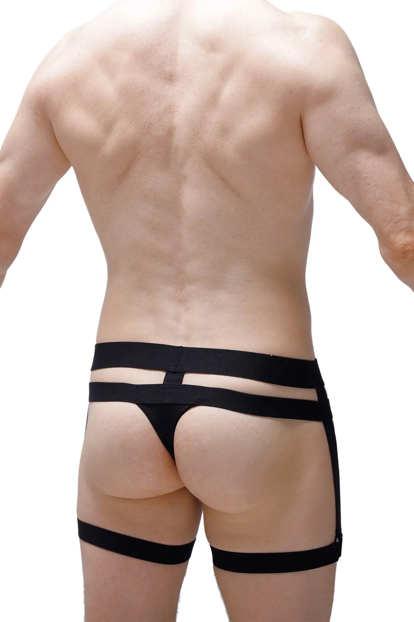 Black PetitQ thong Maizey briefs with multiple harness-style straps for a bold, modern lingerie look